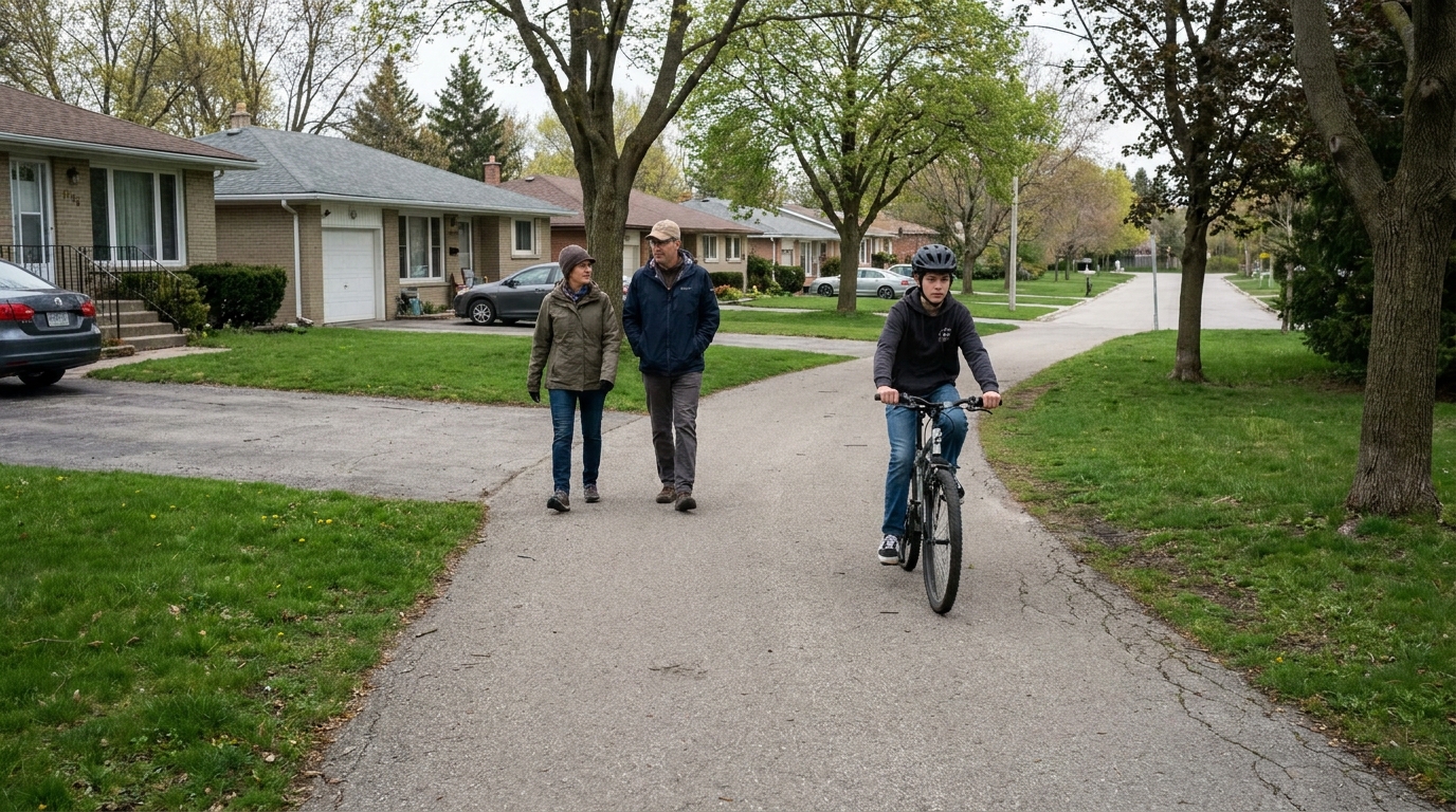 A rider sitting a couple of yards back behind two walkers through a bend, with open path visible ahead afterwards.