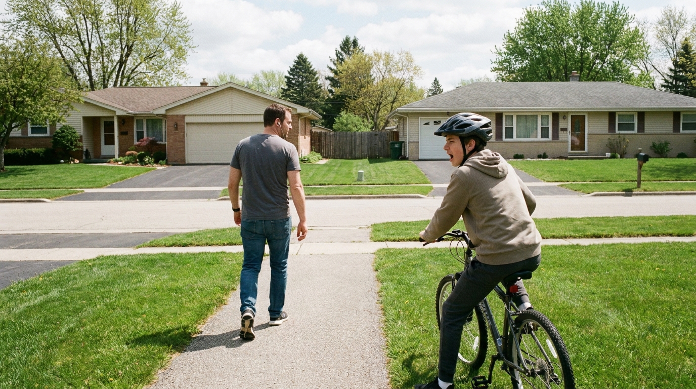 A rider sitting back several yards behind a walker with earbuds in, still on the right of the path, calling again.