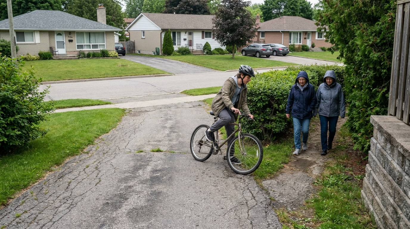 A rider squeezing past two walkers on a narrow path a few yards short of a blind bend.
