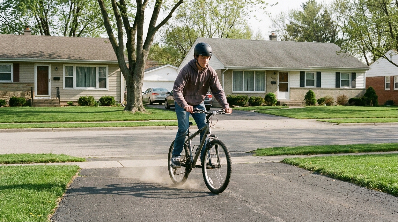 A rider standing the machine up out of a lean and then braking hard with the wheels in line.