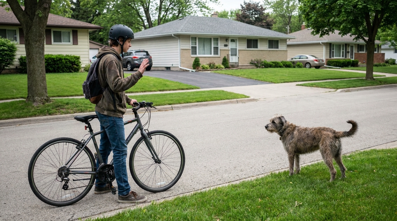 A rider stopped and standing with the machine held between themselves and a dog a few yards away, one hand raised.