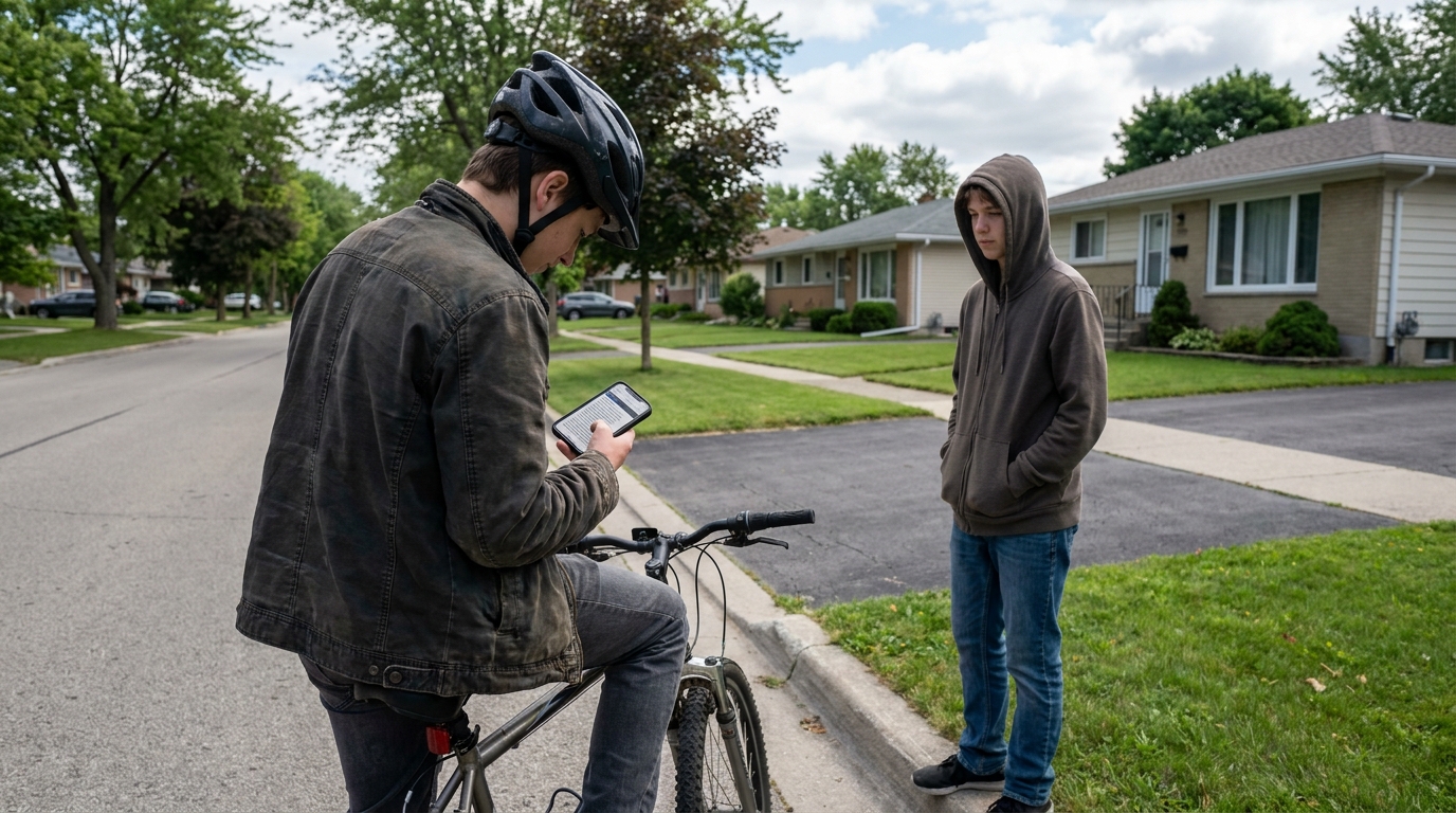 A rider stopped at a curb with a phone open on a municipal code page, a friend waiting alongside.