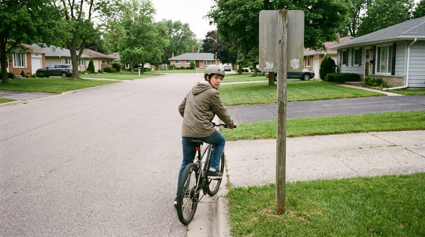 A rider stopped at a town boundary sign, looking back at the road they came down.