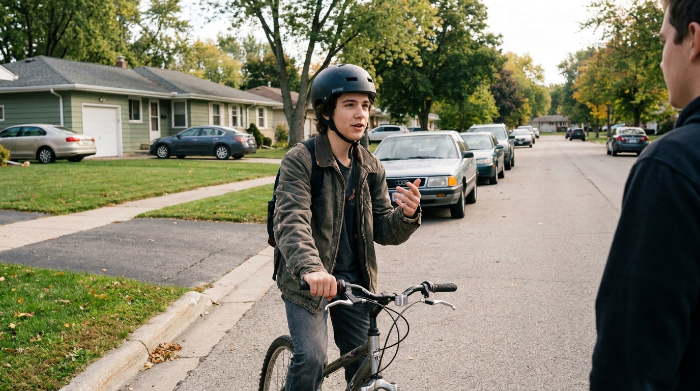 A rider stopped at the curb explaining calmly, with a narrow street and a row of parked cars behind them.