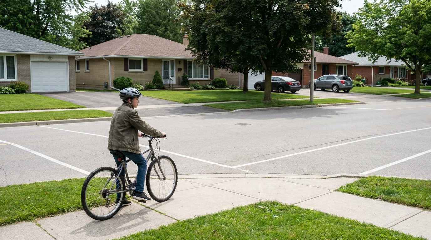 A rider stopped at the far corner of an intersection facing the new direction, waiting for the signal there.