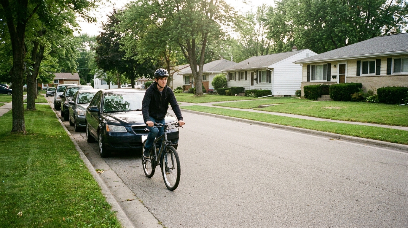 A rider swinging out of a parked row into a traffic lane with a car close behind them.