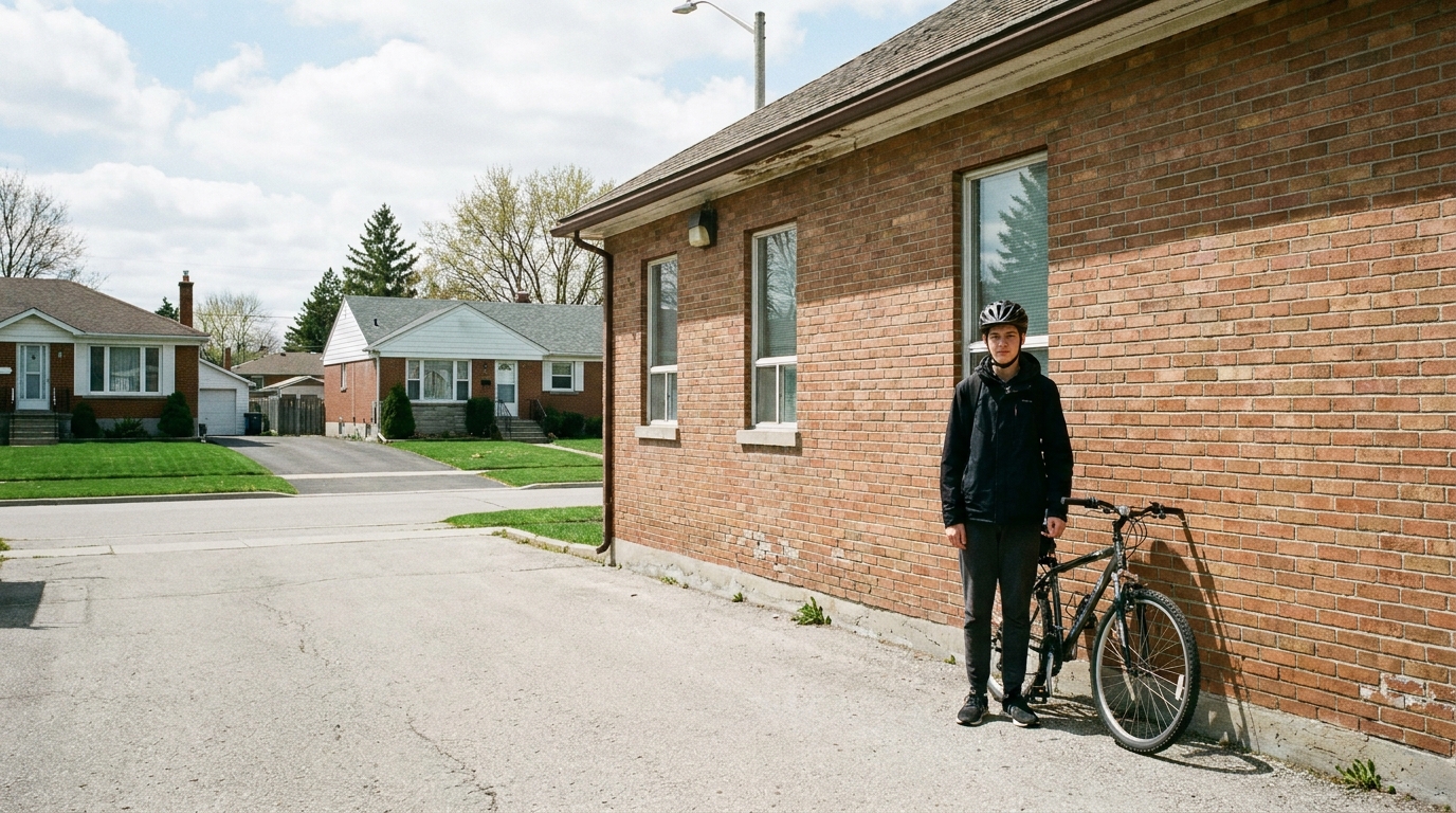 A rider waiting outside a police station with a machine leaning against a wall.