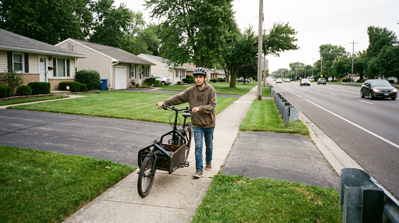 A rider walking a machine along a sidewalk past a row of driveways with a busy road alongside.