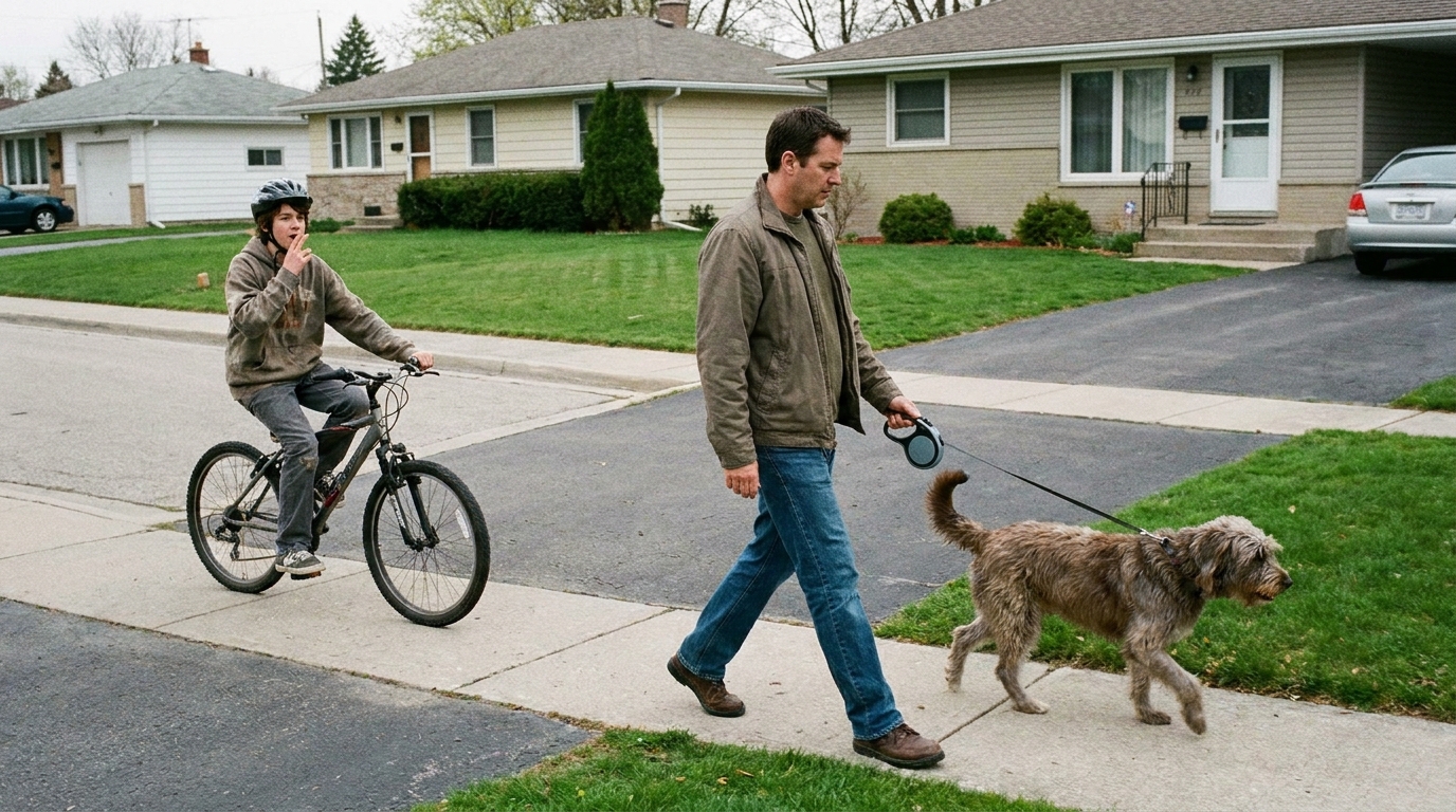 A rider well back and slowed, calling out, with the walker reeling in the lead and the dog brought to their side.