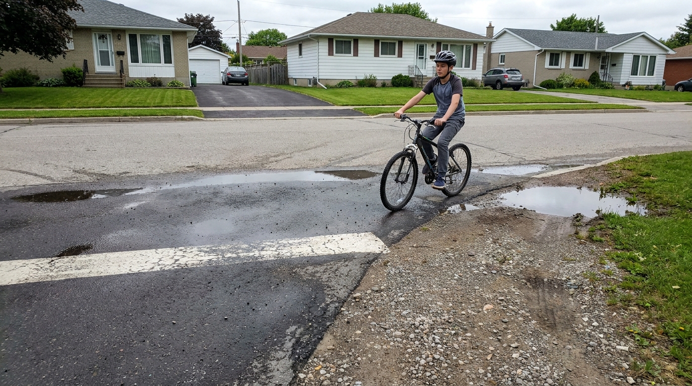 A suburban corner where smooth asphalt, loose gravel, a painted line and a wet patch all meet.