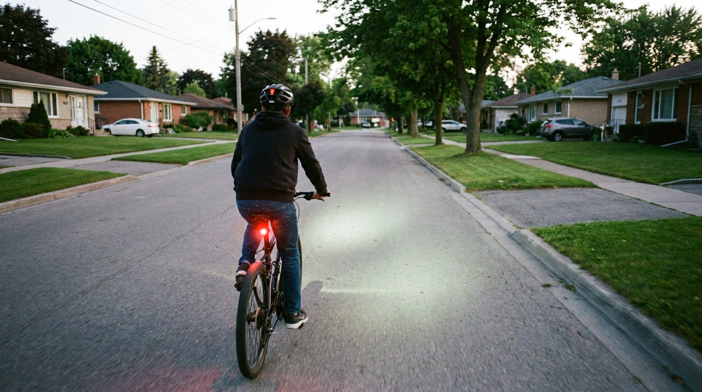 A teenage rider at dusk with a bright front light and a red rear light on the bike, seen from behind.
