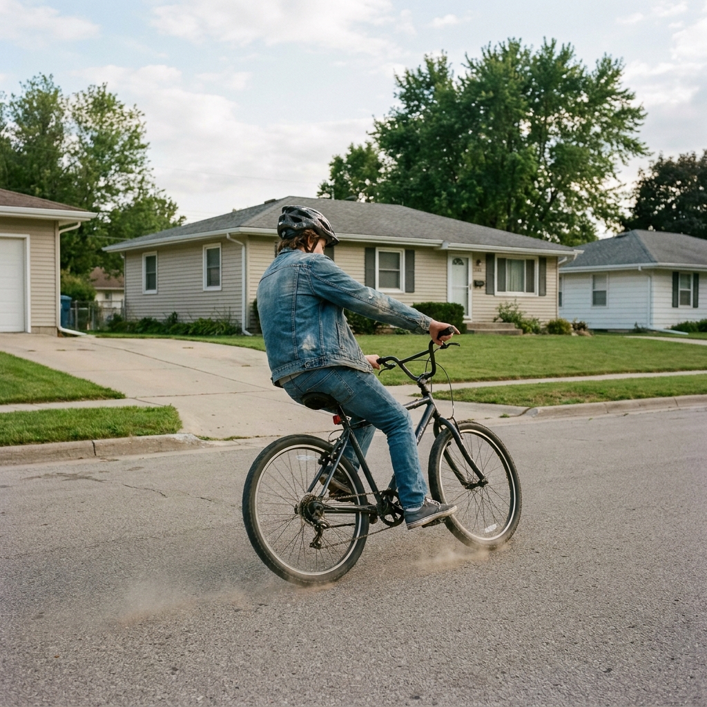 A teenage rider braking hard to a stop, weight pushed back off the saddle, both wheels on the ground.