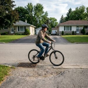 A teenage rider crossing a metal drain grate and a strip of gravel at the edge of a suburban road.