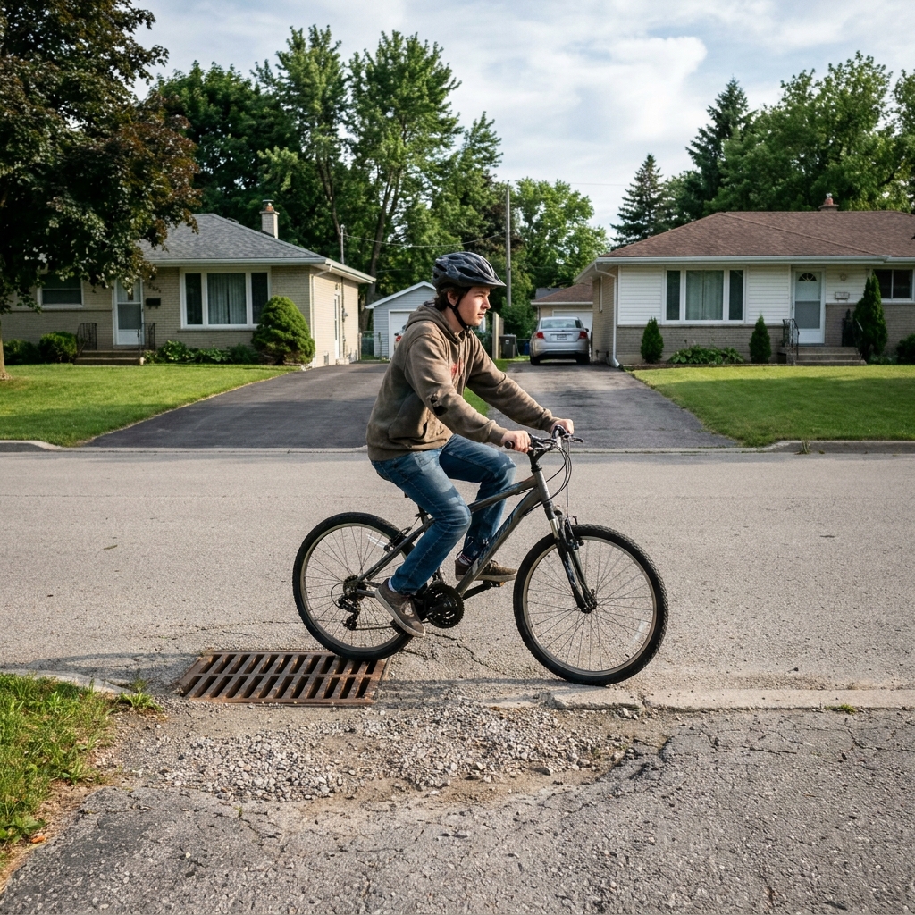 A teenage rider crossing a metal drain grate and a strip of gravel at the edge of a suburban road.