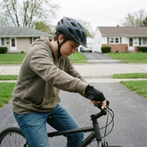A teenage rider crouched beside a bike squeezing the brake lever to check it before setting off.