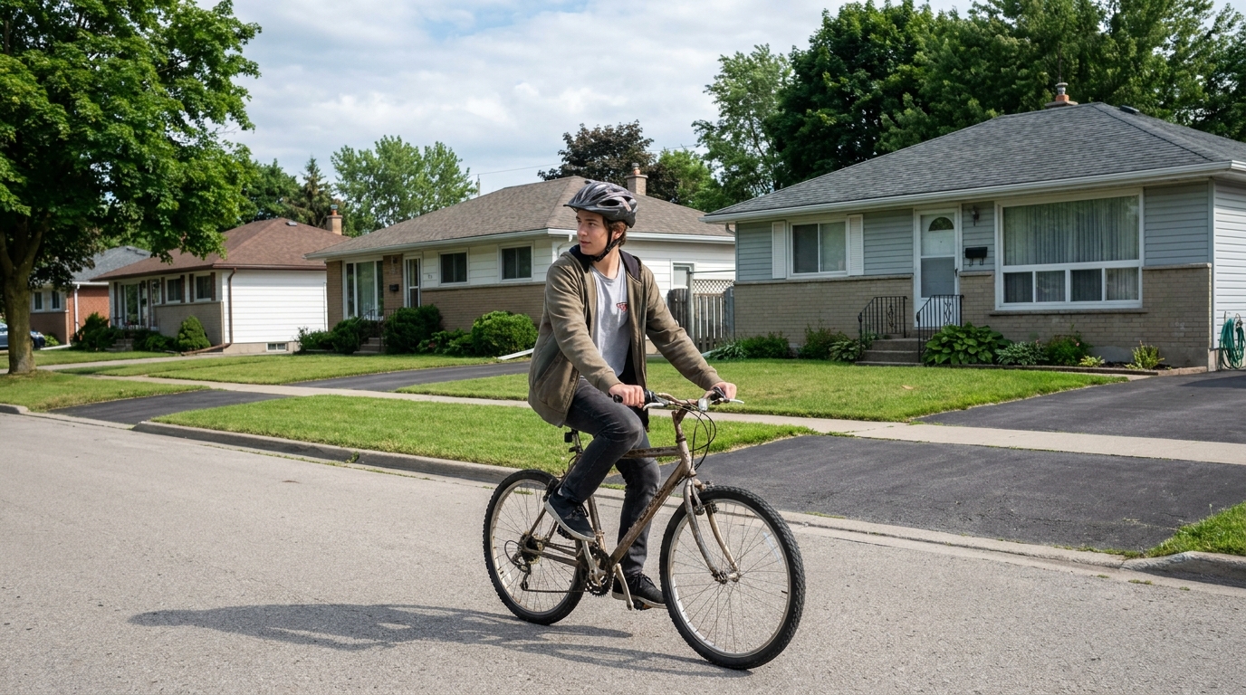 A teenage rider glancing back over one shoulder mid-ride on an empty suburban street.