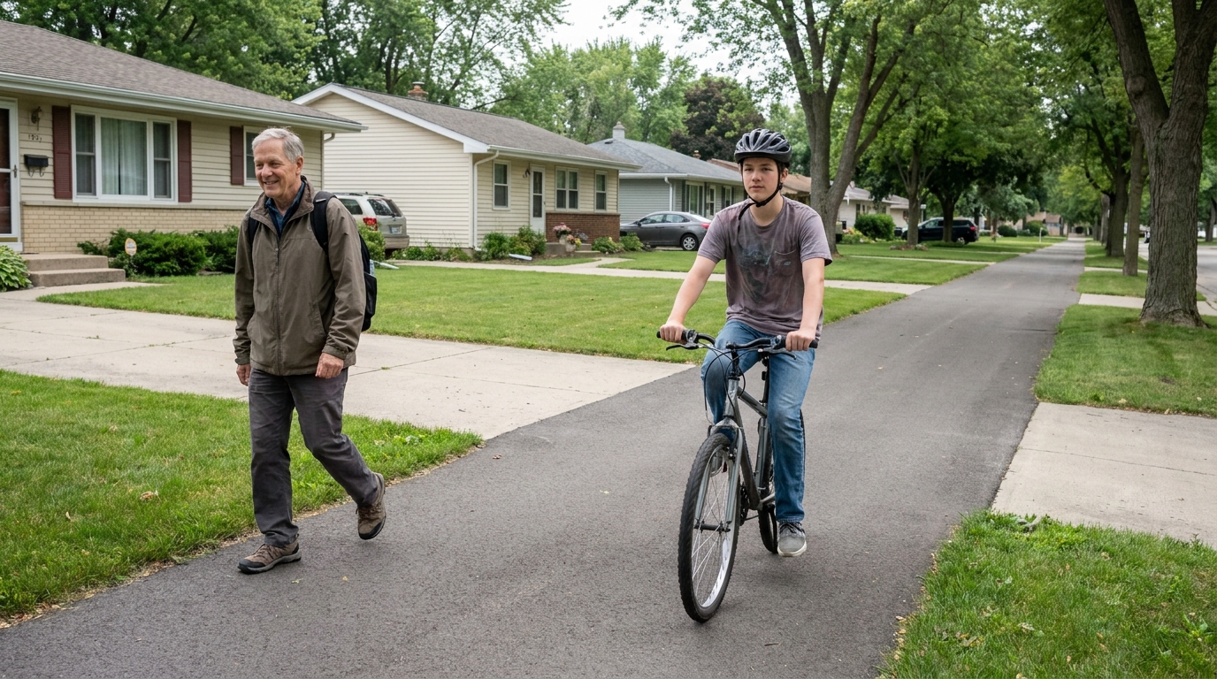A teenage rider keeping right on a shared path while a walker passes on the left.