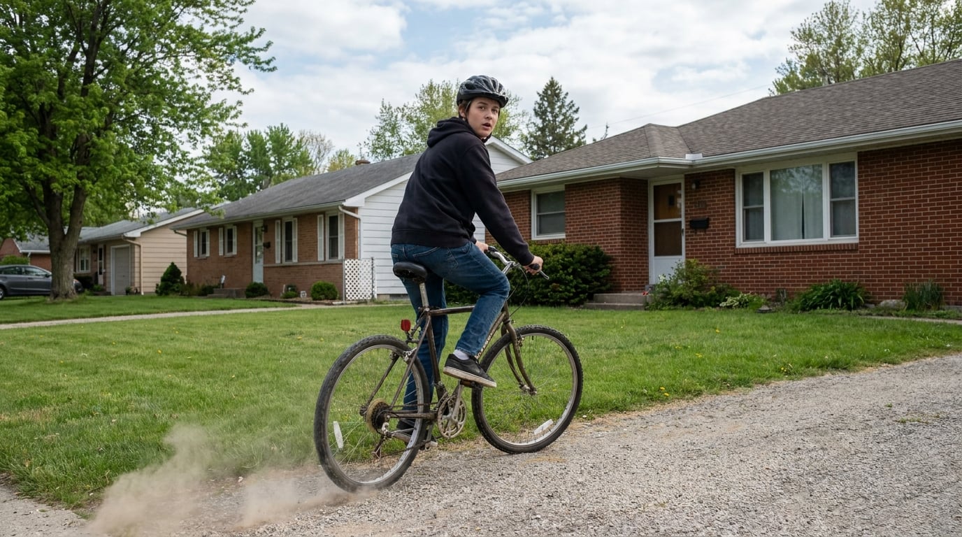 A teenage rider looking back over their left shoulder while riding, the front wheel starting to drift off line.
