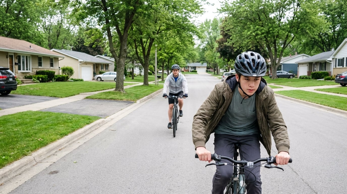 A teenage rider mid-ride on a suburban street, concentrating hard, an adult rider further back on the same road.