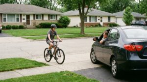 A teenage rider on a sidewalk approaching a driveway where a car is backing out, the driver not looking.