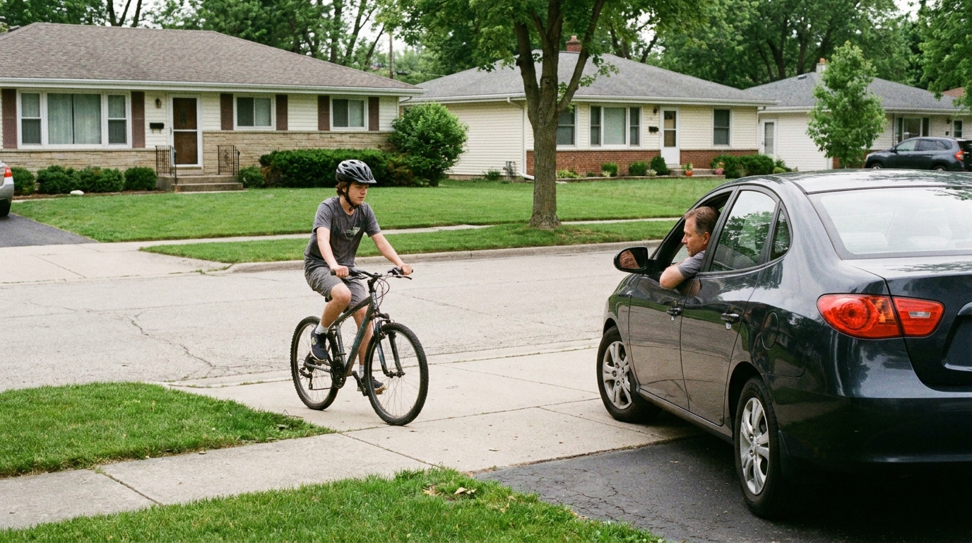 A teenage rider on a sidewalk approaching a driveway where a car is backing out, the driver not looking.
