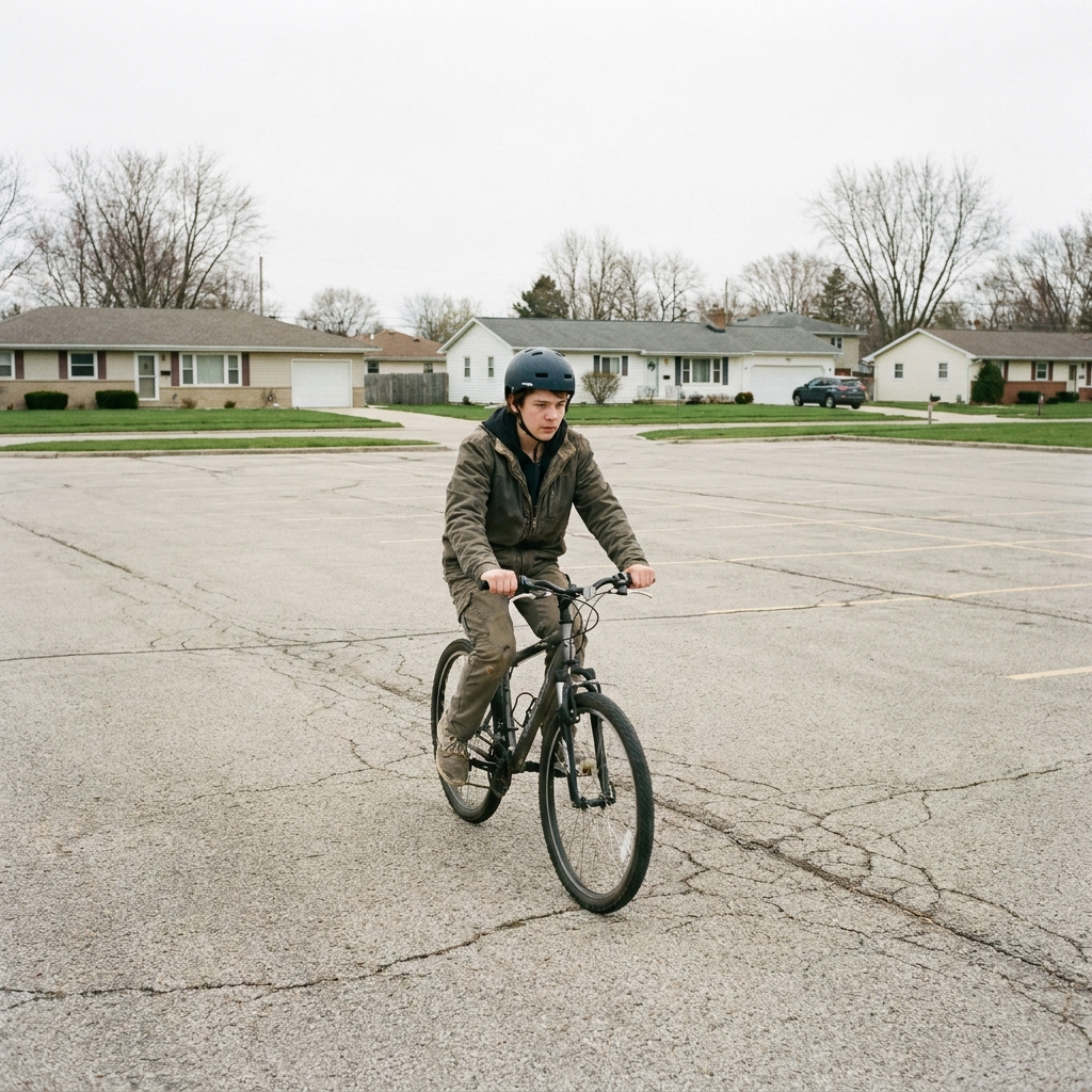A teenage rider practising alone in a wide empty parking lot with no cars in it.
