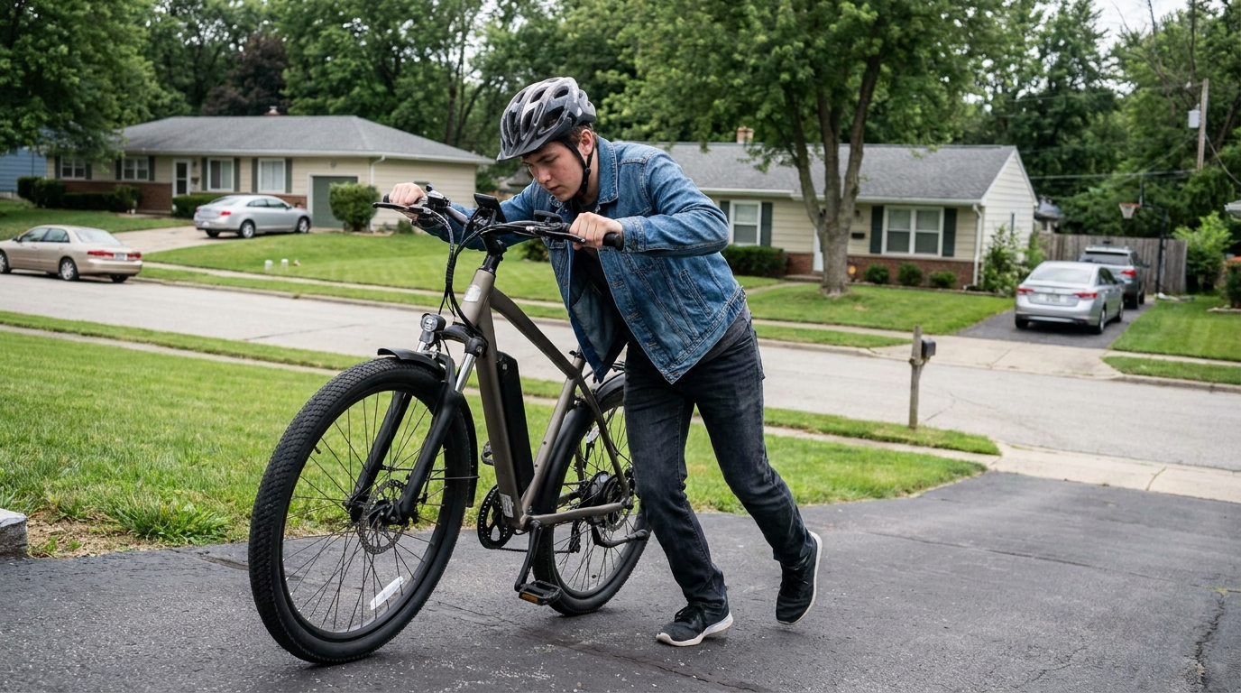 A teenage rider pushing a heavy electric bike up a sloped driveway by hand, leaning into the weight.
