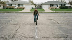 A teenage rider riding a dead straight line along a chalk line drawn across an empty parking lot.