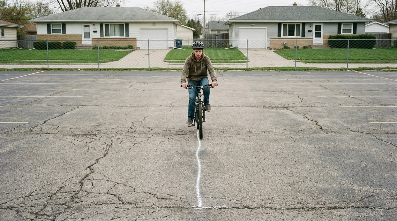A teenage rider riding a dead straight line along a chalk line drawn across an empty parking lot.