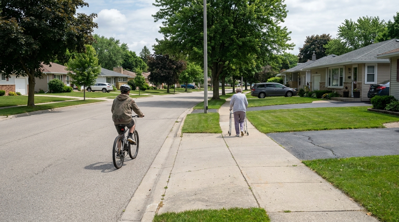 A teenage rider riding at a calm speed along a suburban street with a walker on the sidewalk ahead.