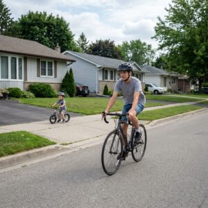 A teenage rider riding confidently on a suburban road, a much younger child on a small bike on the sidewalk behind.
