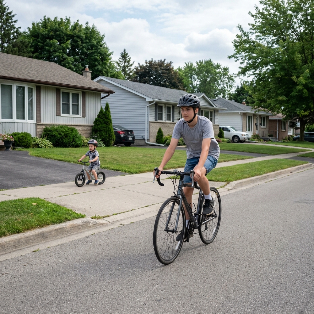 A teenage rider riding confidently on a suburban road, a much younger child on a small bike on the sidewalk behind.