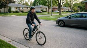 A teenage rider riding on the right hand side of a suburban road with traffic, well positioned in the lane.