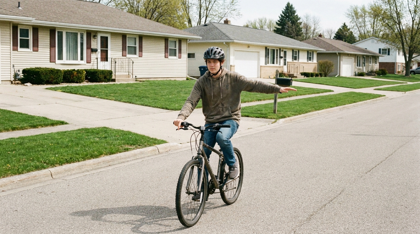 A teenage rider riding slowly with the right hand off the bars and held out to the side, left hand steering.