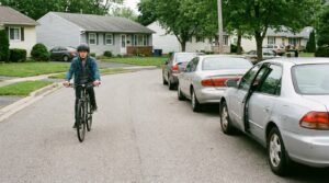 A teenage rider riding well clear of a line of parked cars, one car door beginning to open ahead.