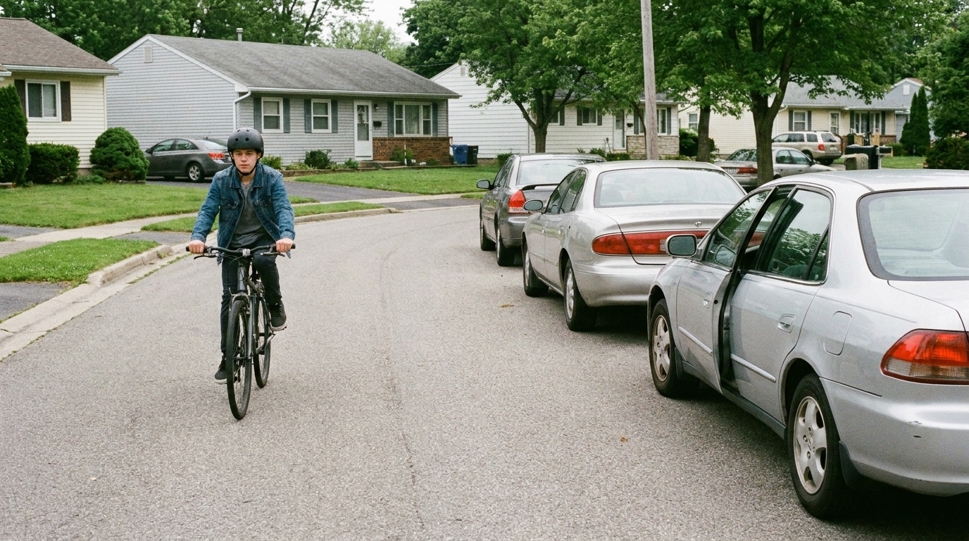 A teenage rider riding well clear of a line of parked cars, one car door beginning to open ahead.
