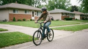 A teenage rider seated on a bike with one heel resting on the pedal at its lowest point, leg almost straight.