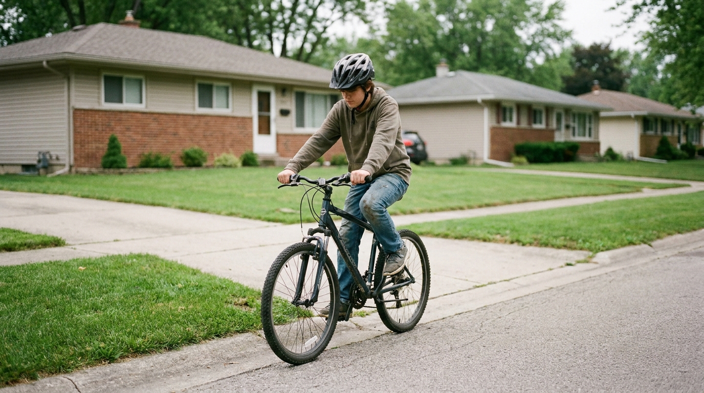 A teenage rider seated on a bike with one heel resting on the pedal at its lowest point, leg almost straight.