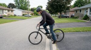 A teenage rider setting off from a standstill at a curb, one foot down, the other on the raised pedal.
