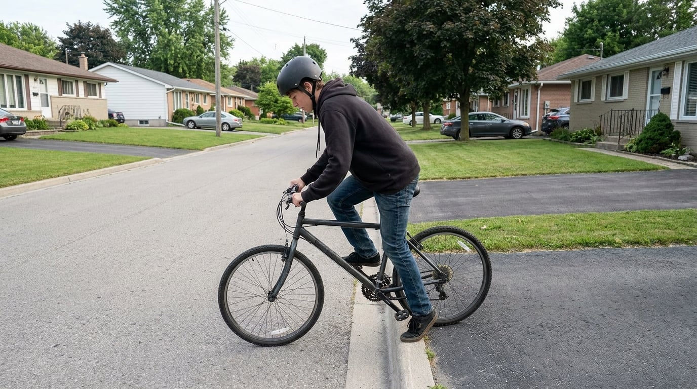 A teenage rider setting off from a standstill at a curb, one foot down, the other on the raised pedal.