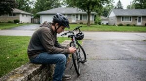 A teenage rider sitting on a low wall beside a bike, reading something on a phone held low.