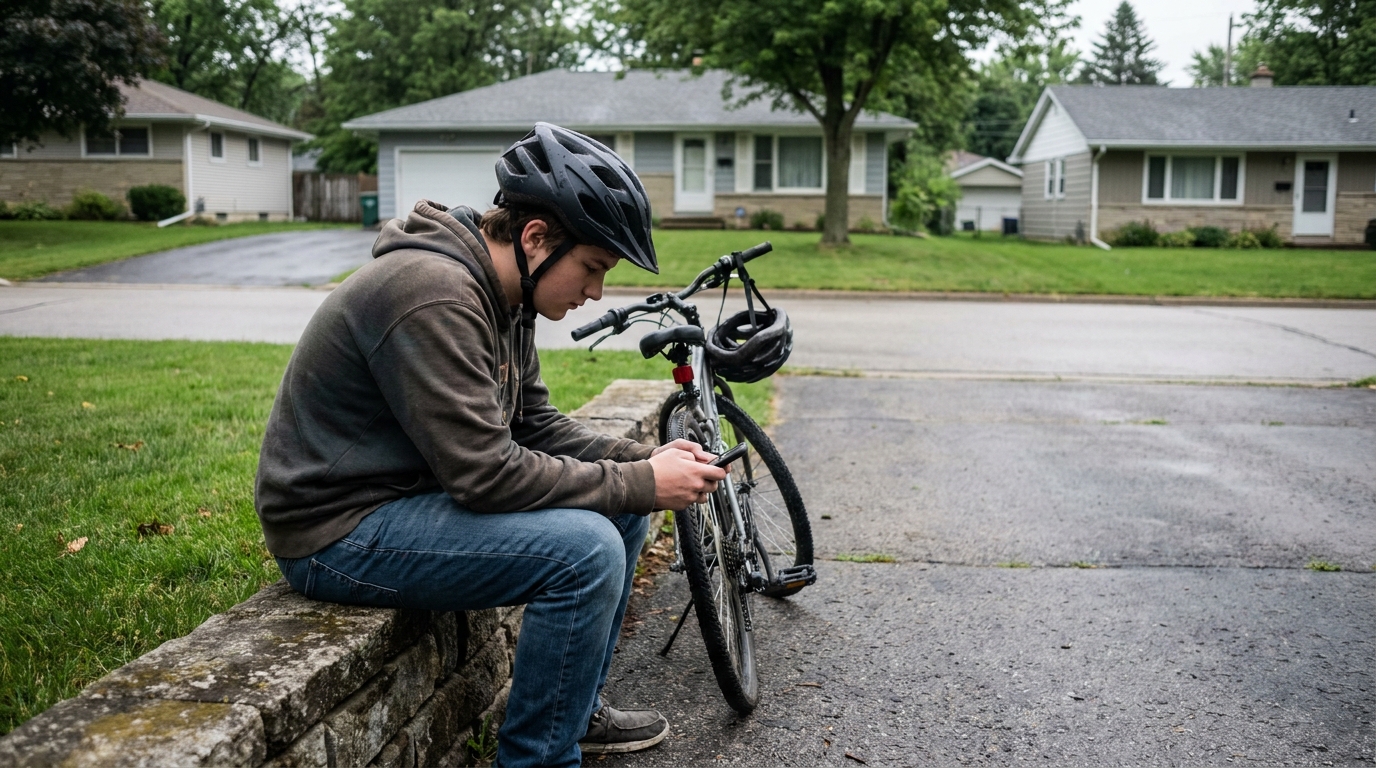 A teenage rider sitting on a low wall beside a bike, reading something on a phone held low.