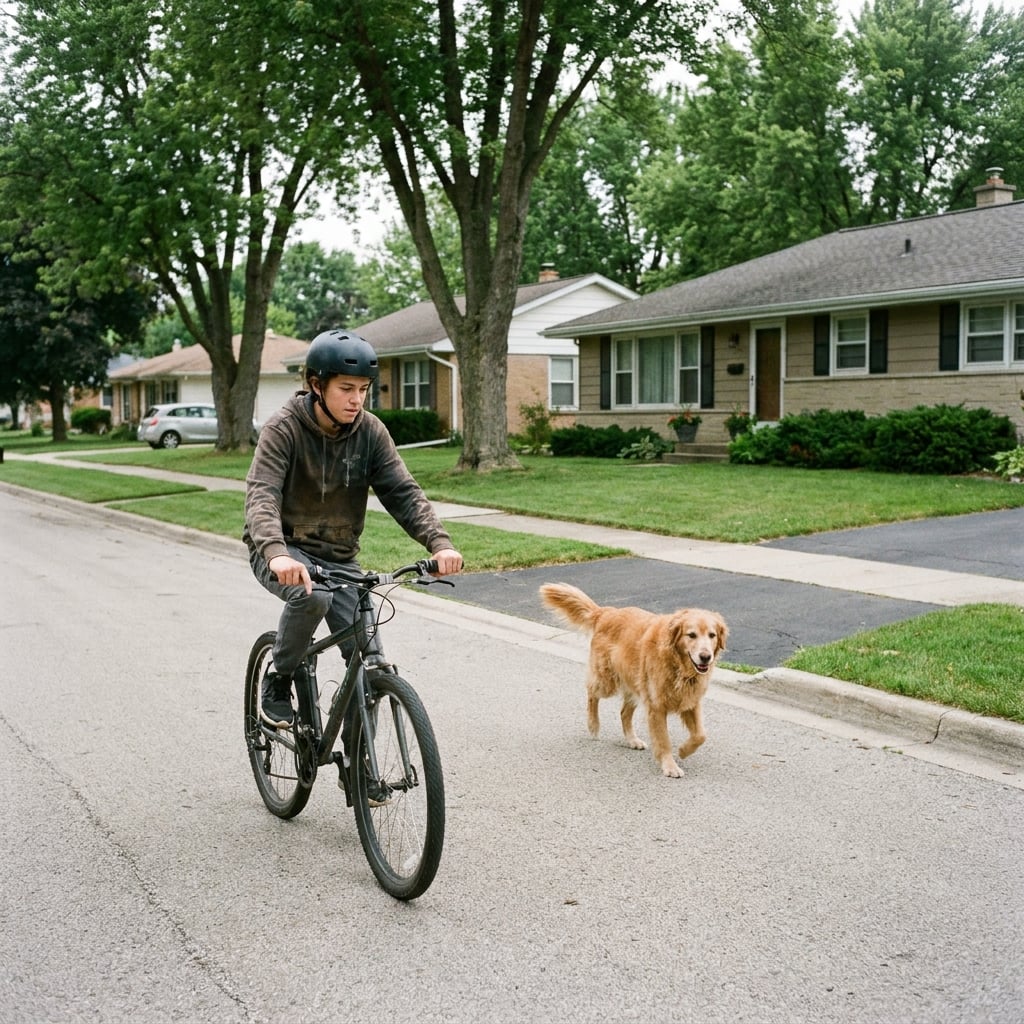 A teenage rider slowing on a suburban street as a dog comes out of an open driveway ahead.