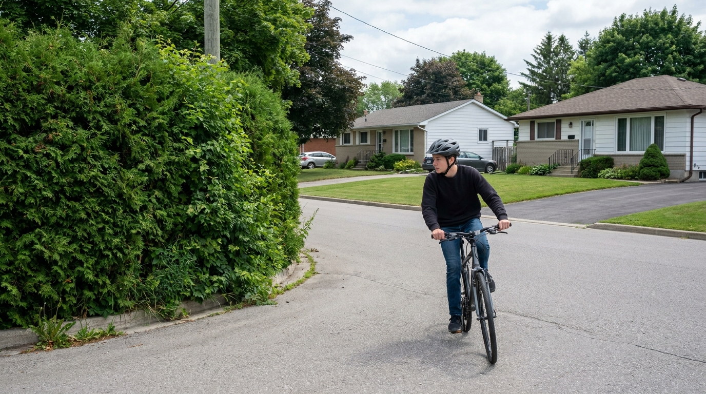 A teenage rider slowing on the approach to a blind bend with a tall hedge along the inside of the corner.