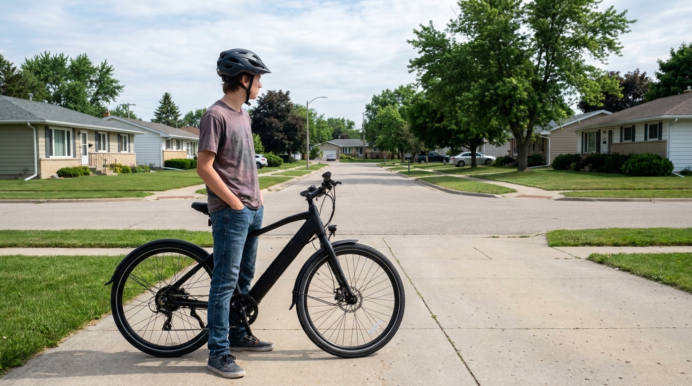 A teenage rider standing beside a parked e-bike in a driveway with both hands off it, pausing before setting off.