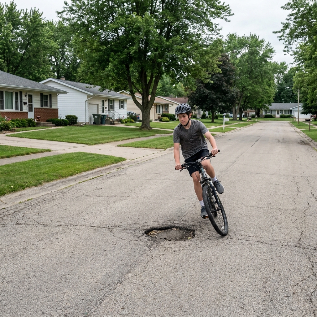 A teenage rider steering around a pothole on a suburban road, looking well ahead past it.