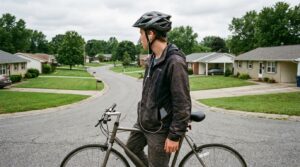 A teenage rider stopped at the top of a hill, one earbud out, phone face down in a jacket pocket.