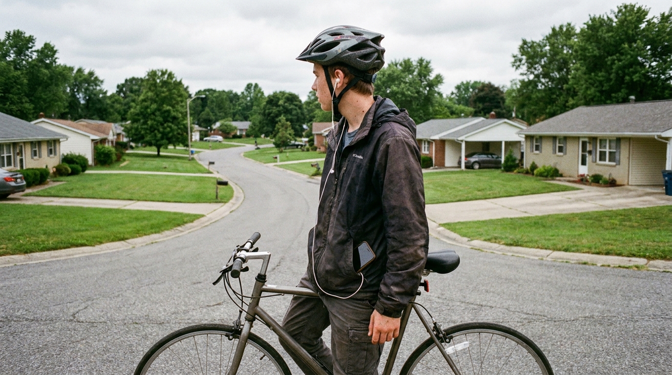 A teenage rider stopped at the top of a hill, one earbud out, phone face down in a jacket pocket.