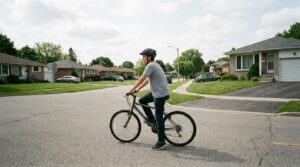 A teenage rider stopped at the corner of a suburban intersection partway through a two stage left turn.