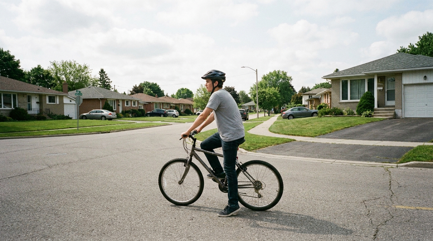 A teenage rider stopped at the corner of a suburban intersection partway through a two stage left turn.